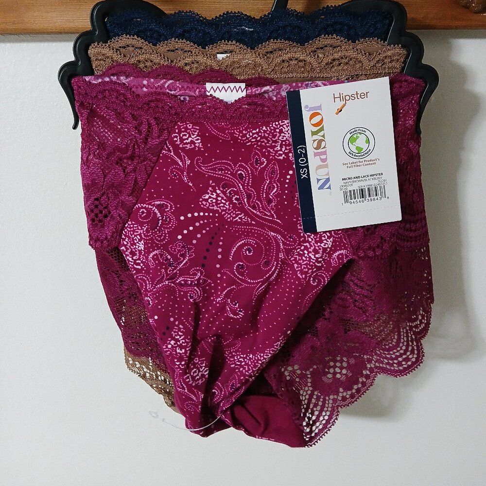 3-pacl Joyspun Microfiber and Lace Hipster Style Panties sz XS (0-2)